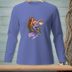 Illustration of a mermaid with a purple tail interacting with a pufferfish.