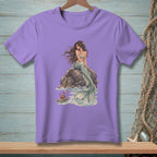Purple t-shirt with a mermaid sitting on rocks with a crab.