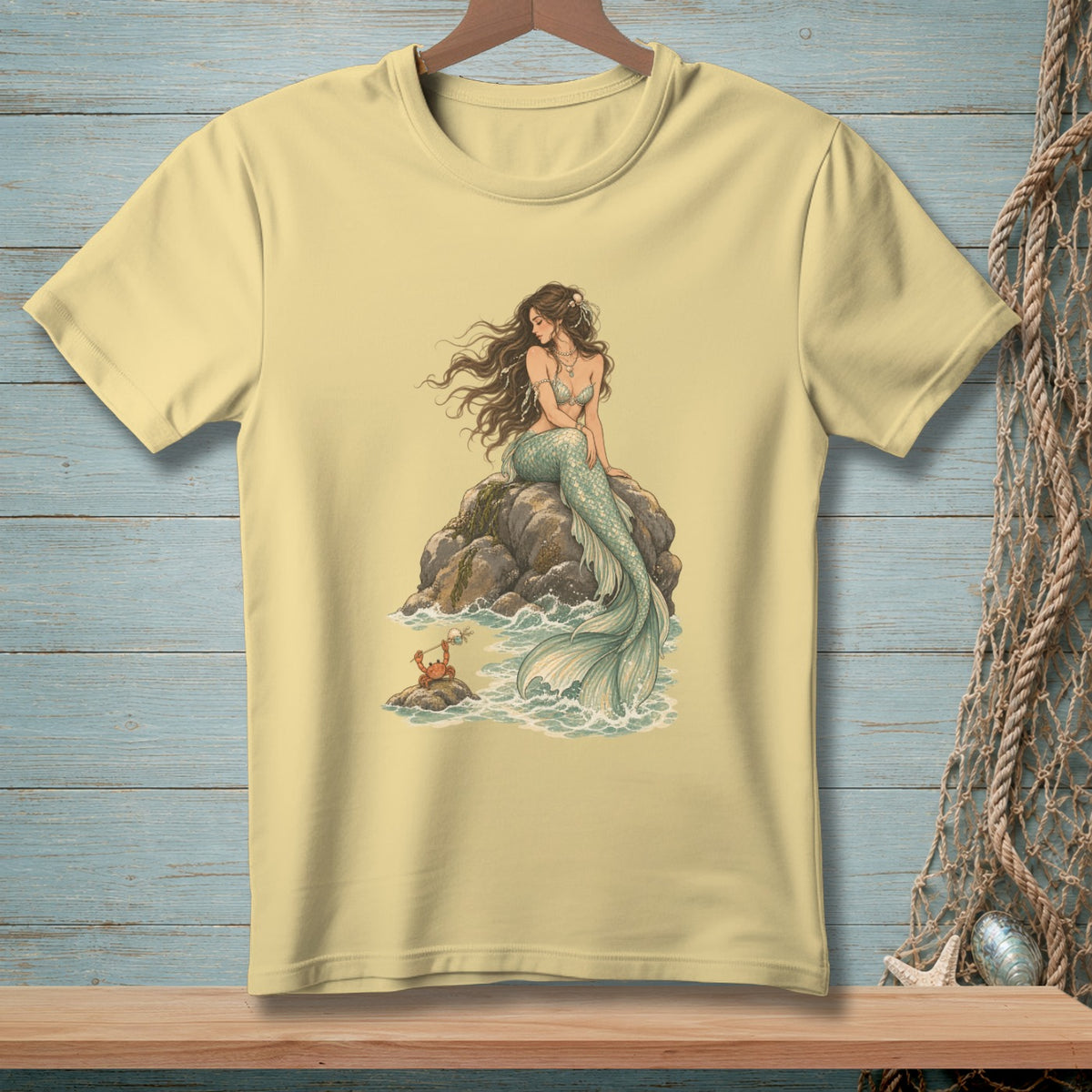 Illustration of a mermaid with a crab on a rock surrounded by waves.