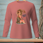 Mermaid with champagne, text "Mermaid Hair", on a coral long-sleeve shirt.