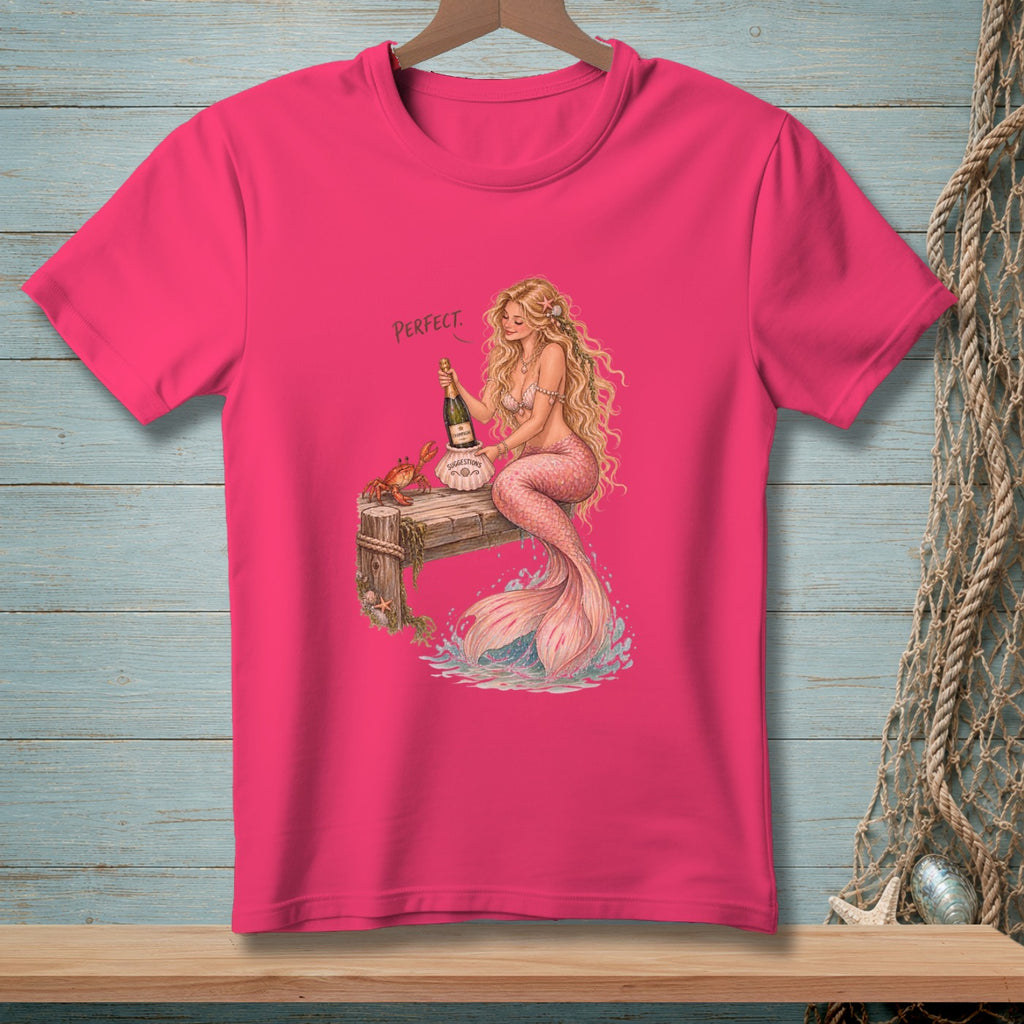 Mermaid with champagne bottle on pier, crab, and text "Perfect."