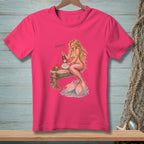 Mermaid with champagne bottle on pier, crab, and text "Perfect."