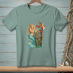 Mermaid with drink and lobster serving rum on a wooden post.