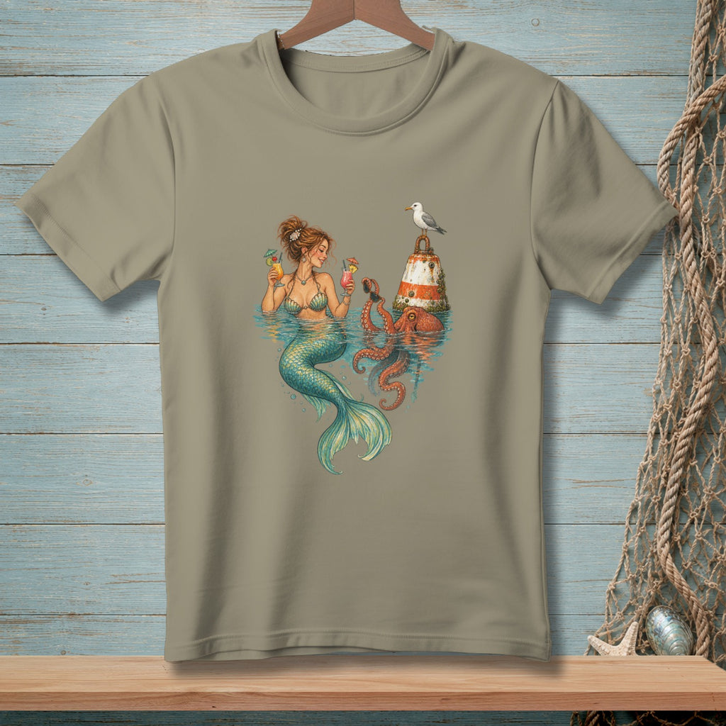 Mermaid with octopus and lighthouse, holding tropical cocktails, with a seagull.