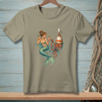 Mermaid with octopus and lighthouse, holding tropical cocktails, with a seagull.