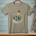 A mermaid with a cocktail sits on rocks next to a crab and a starfish.