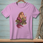 Mermaid with pink tail and brown hair reclines on a rock, a crab holds a sign that says "Not Accepting Feedback."