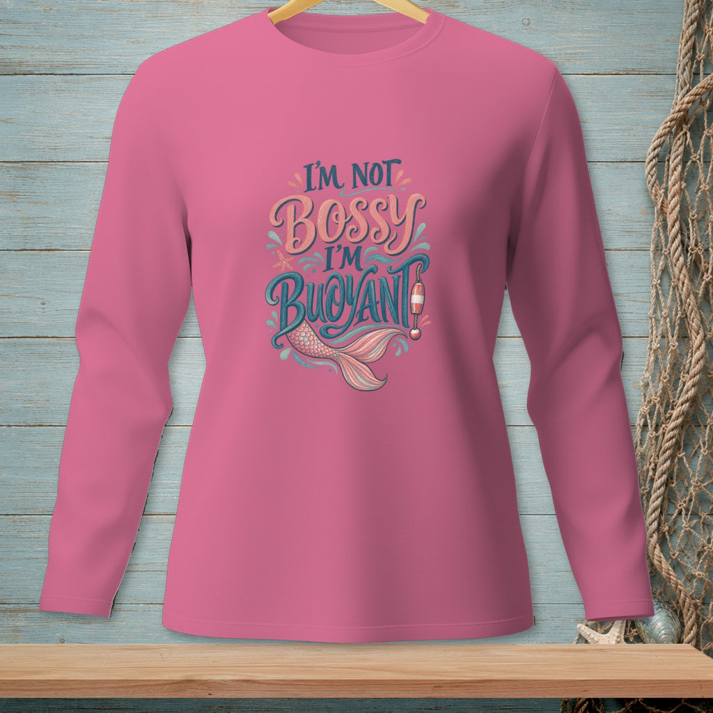 Pink long-sleeve shirt with "I'M NOT BOSSY I'M BUOYANT" text and mermaid tail graphic.