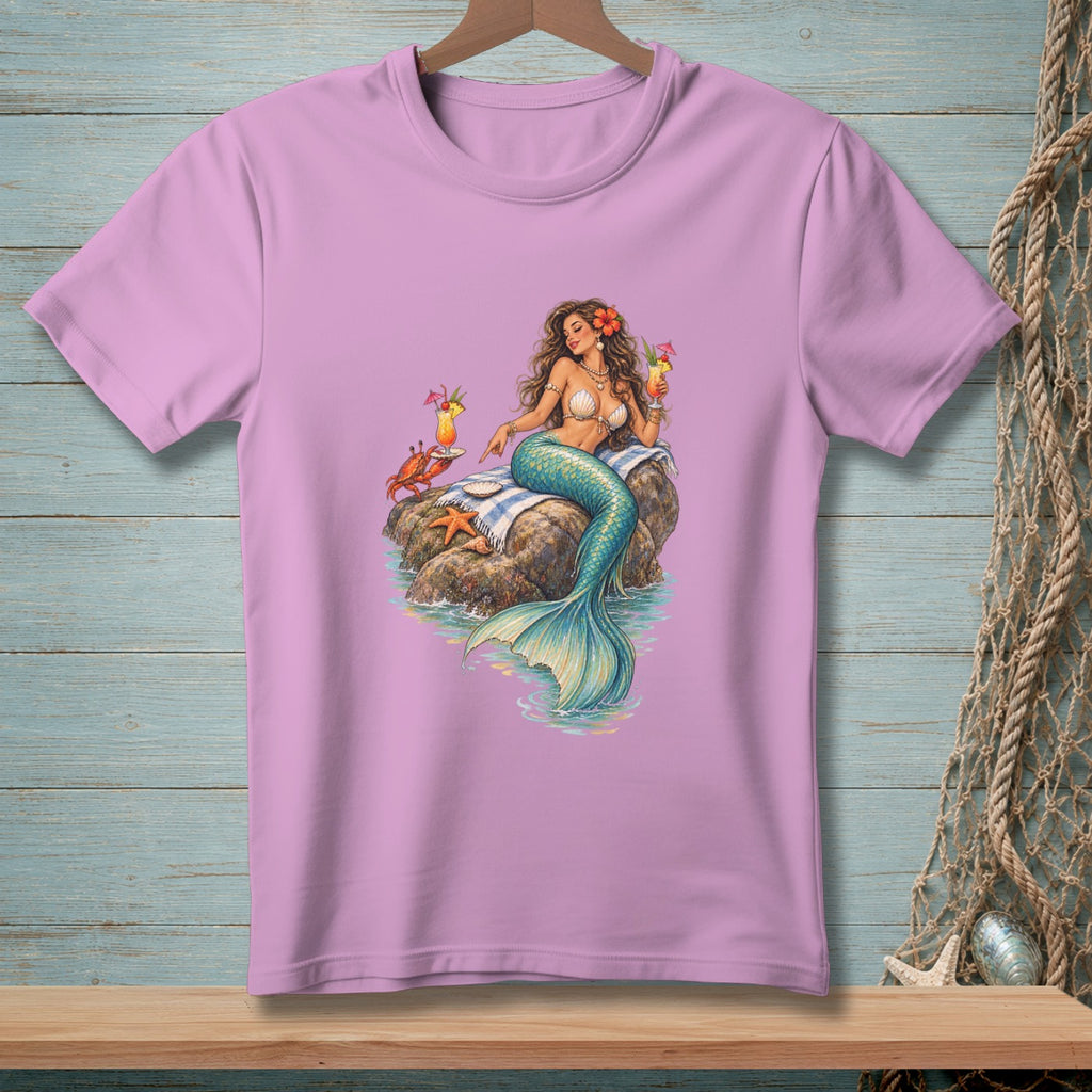 Purple t-shirt with a mermaid holding a drink, sitting on rocks with a crab and starfish.