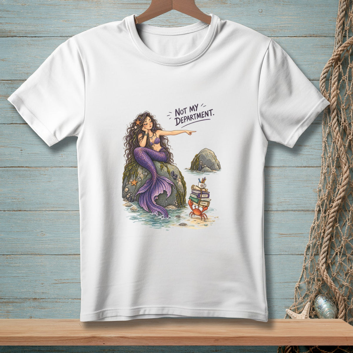 Mermaid points away from a crab with a stack of books, with text "Not My Department."