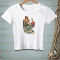 White t-shirt featuring a mermaid and octopus art print with ornate necklace.