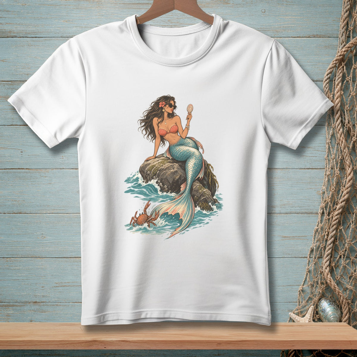 Illustration of a mermaid on a rock holding a seashell mirror with a crab in the water.