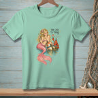 Mint green t-shirt with a mermaid and lobster graphic and text that reads "You did a thing."