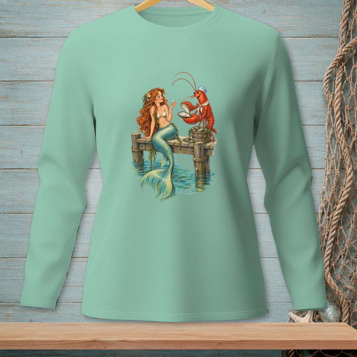 Mermaid and lobster on dock with pearl and water.