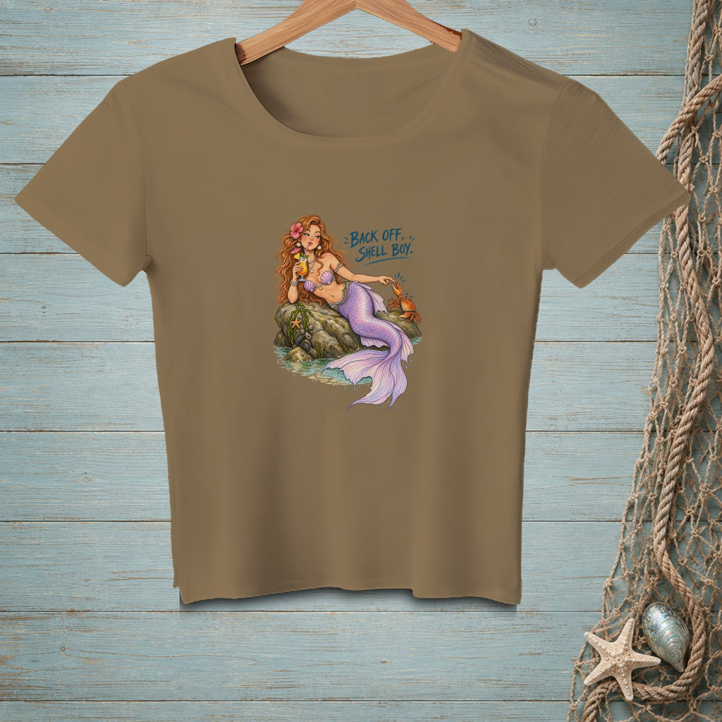 Brown t-shirt with mermaid graphic and text "BACK OFF, SHELL BOY."