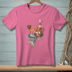 Pink t-shirt with mermaid and octopus on a buoy, holding cocktails.