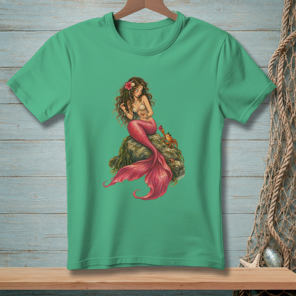 Green t-shirt with a detailed illustration of a mermaid and a crab on a rock.