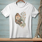 White t-shirt with a mermaid holding a shell that says "Not Today".
