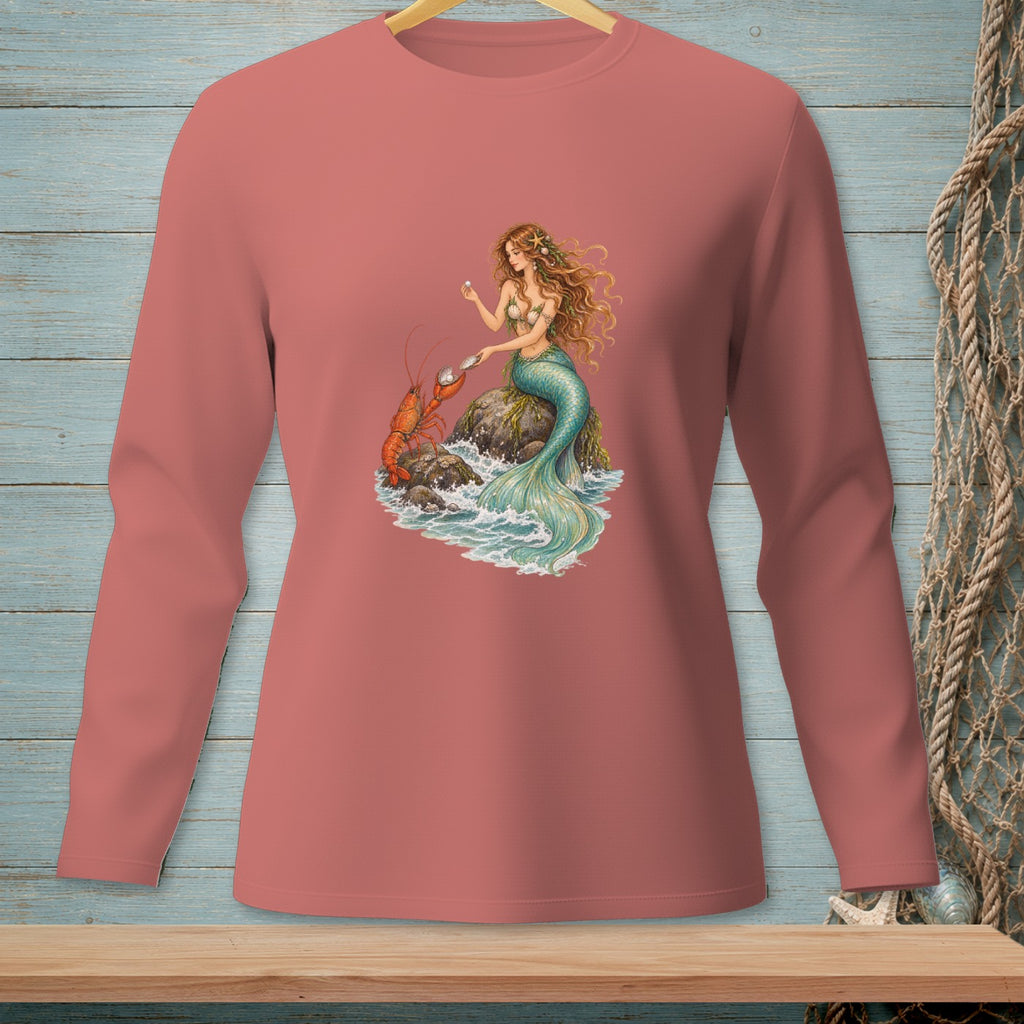 Long-sleeved shirt featuring a mermaid and lobster on a rock with pearls.
