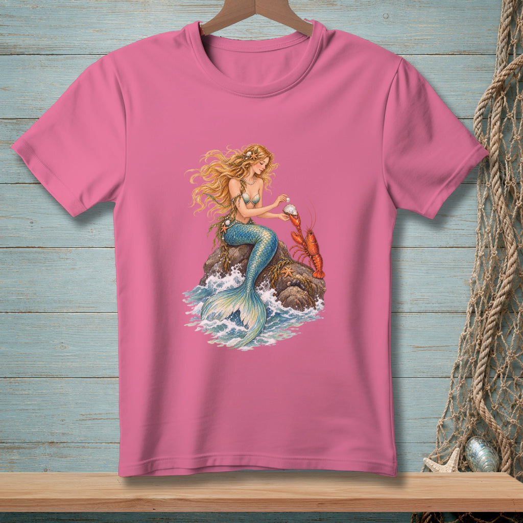Pink t-shirt featuring a blonde mermaid sitting on a rock with a lobster.