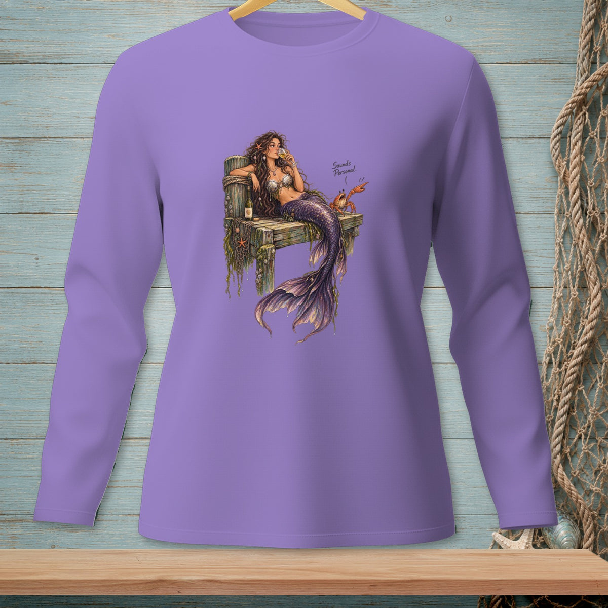 Mermaid with wine and a crab on a wooden dock, text says "Sounds Personal."