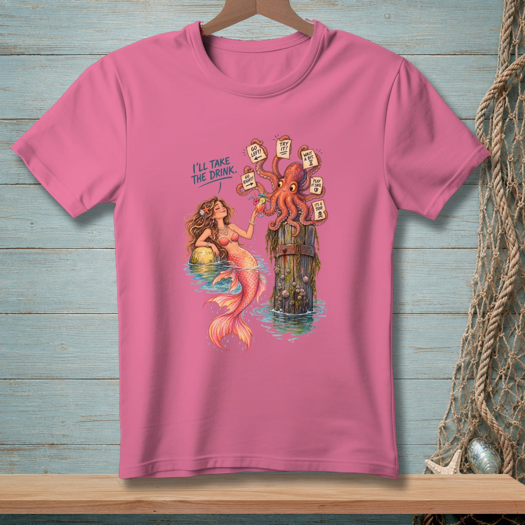 Mermaid offers drink to octopus with signposts: "GO LEFT!", "GO RIGHT!", "TRY IT!", "WAIT A BIT", "PLAY IT SAFE", "IT'S A TRAP".