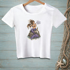 White t-shirt featuring a mermaid with purple tail holding wine and text "That's Tomorrow's Problem."