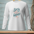 White long sleeve shirt with "Salty & Unbothered" mermaid tail graphic.