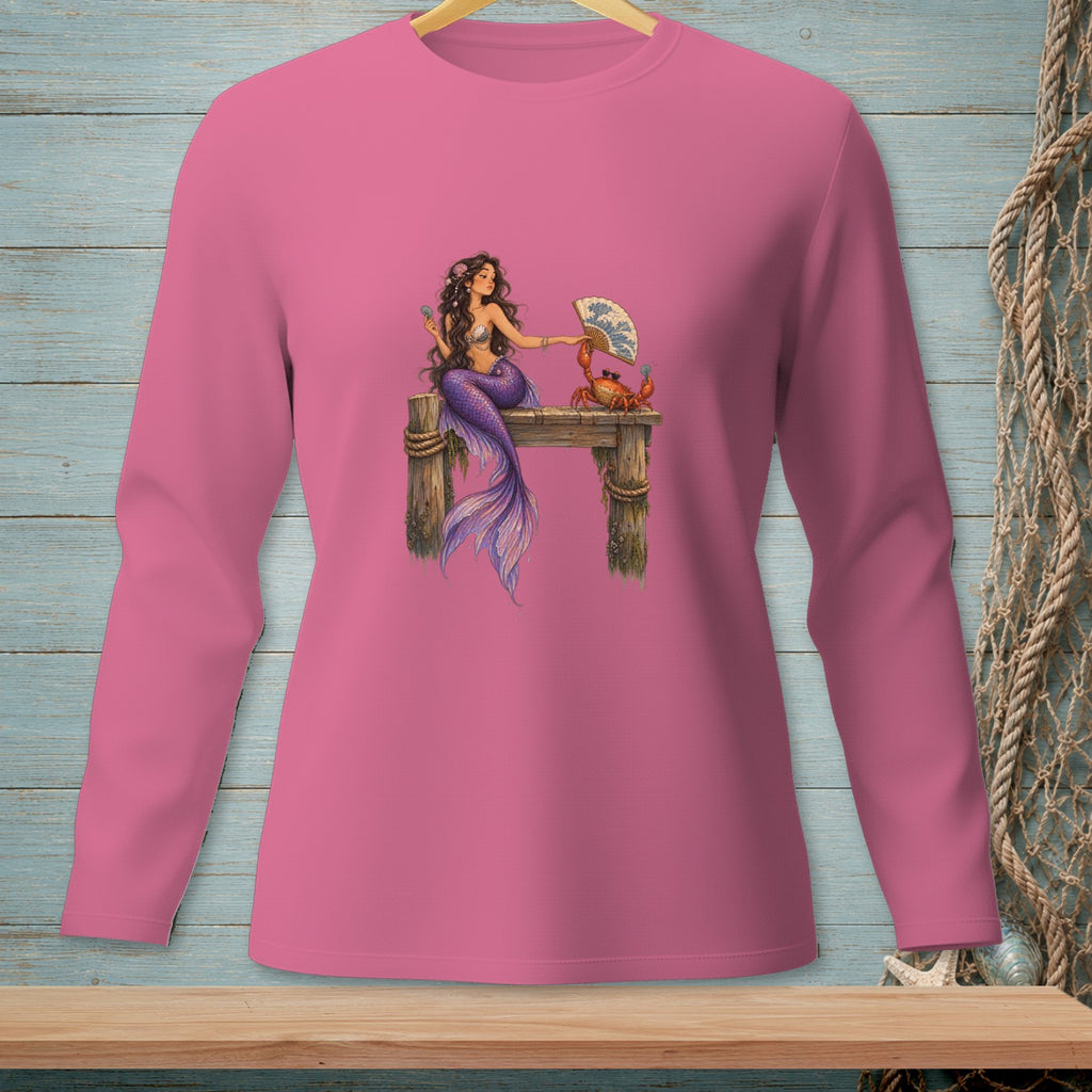 Mermaid with purple tail and crab holding a fan on a pier.