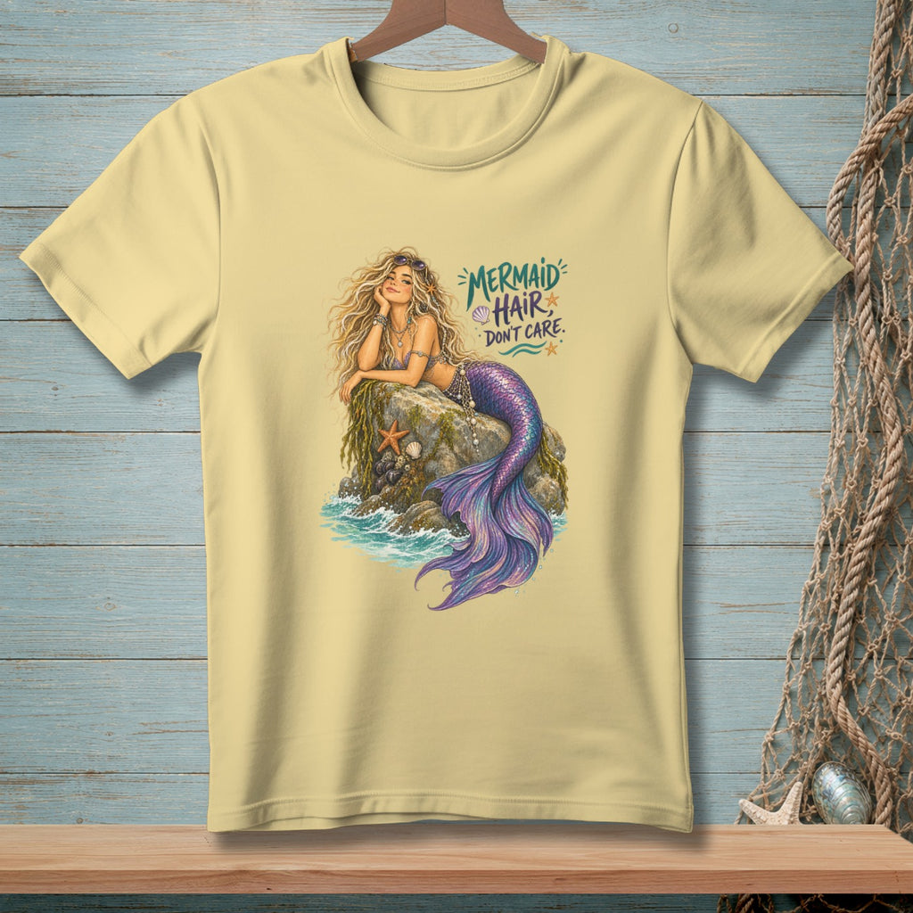 Yellow t-shirt with mermaid graphic and "Mermaid Hair Don't Care" text.