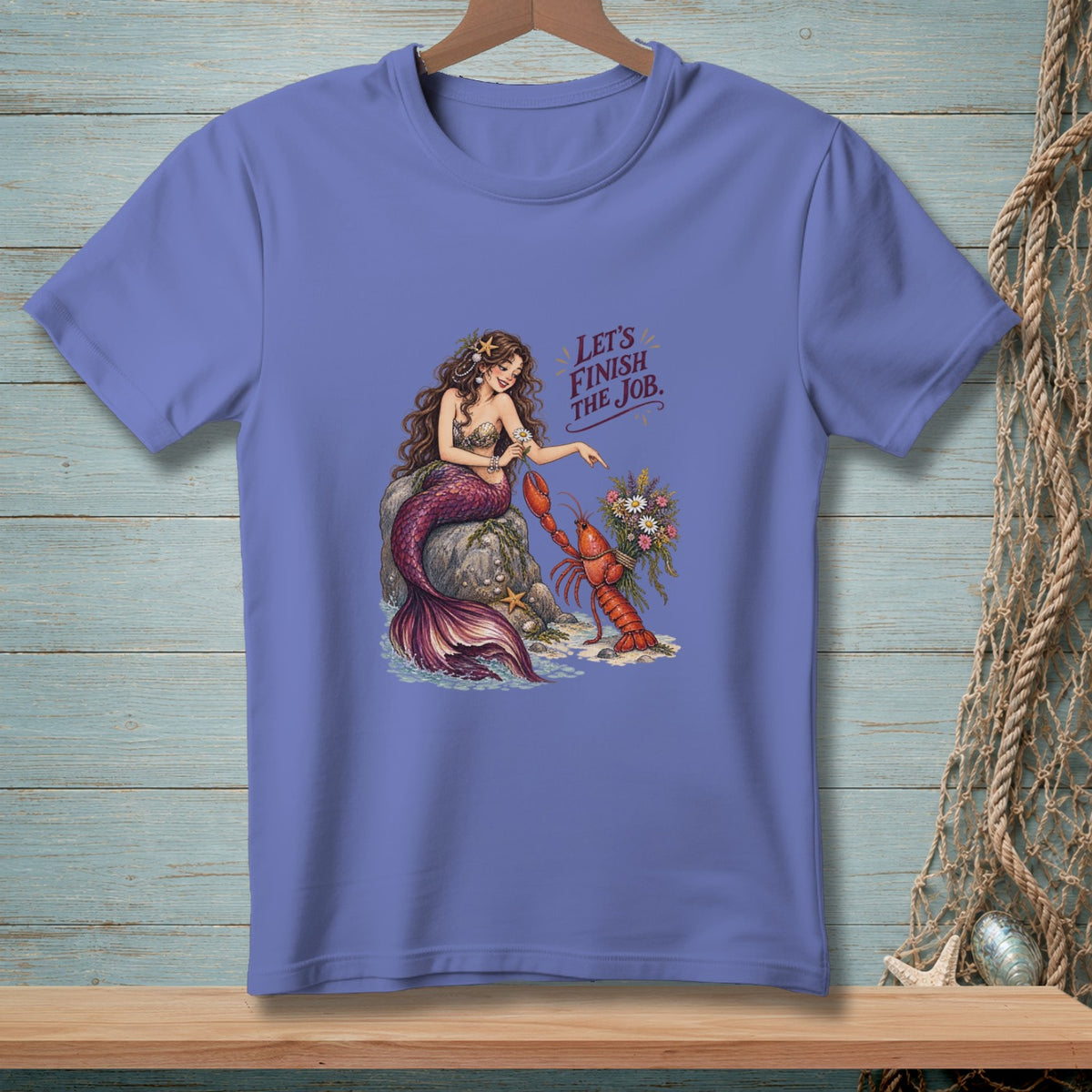 Mermaid and lobster graphic with text "LET'S FINISH THE JOB."