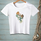 White t-shirt with graphic of two mermaids enjoying drinks in water.