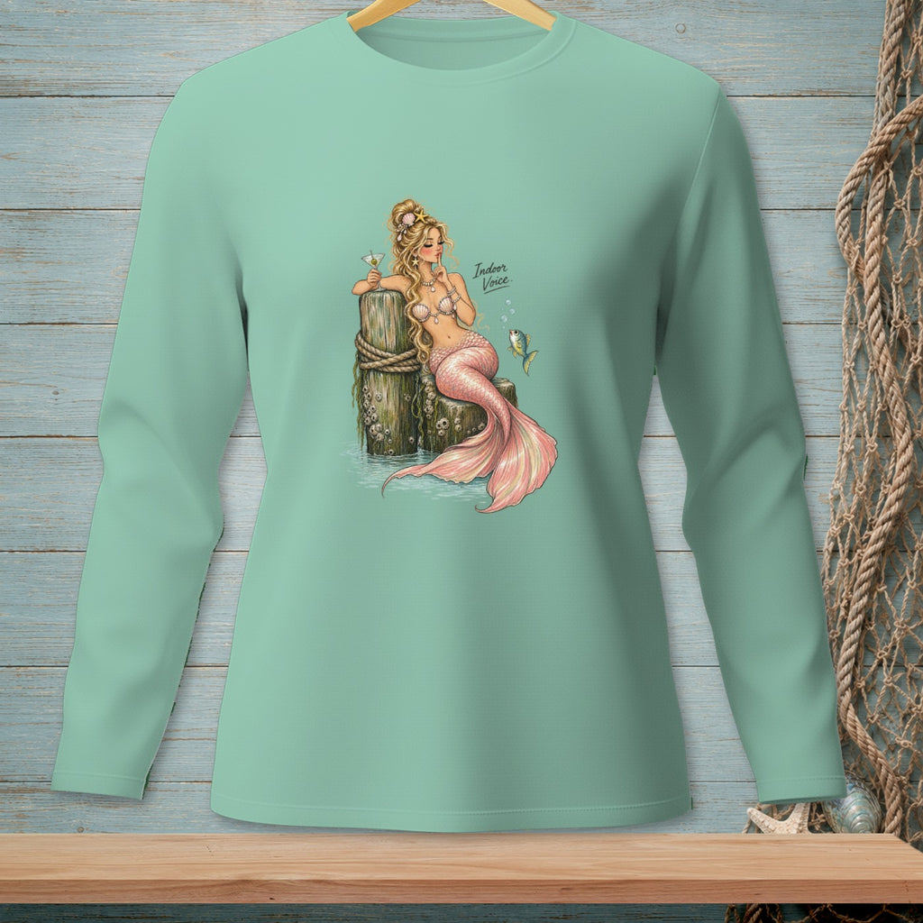 Mint green long-sleeve shirt with a mermaid graphic and "Indoor Voice" text.