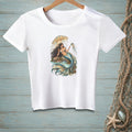White t-shirt with illustration of a mermaid holding a jellyfish under an umbrella.