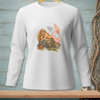 White long-sleeved shirt with graphic of a mermaid and crab on a rock.