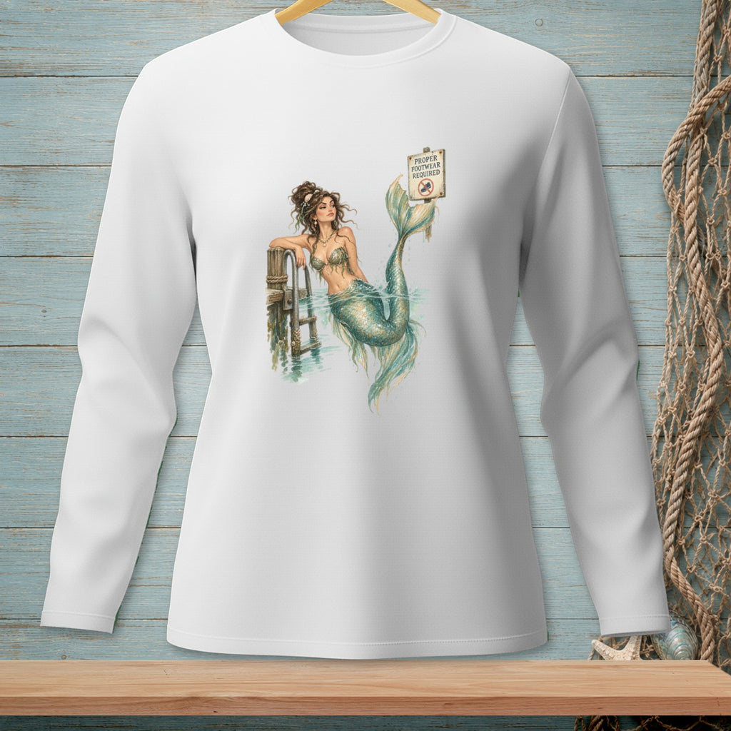 White long sleeve shirt with mermaid graphic and "Proper Footwear Required" sign.