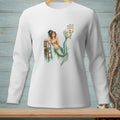 White long sleeve shirt with mermaid graphic and "Proper Footwear Required" sign.