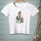 White t-shirt with a watercolor print of a mermaid and a crab on a rock.