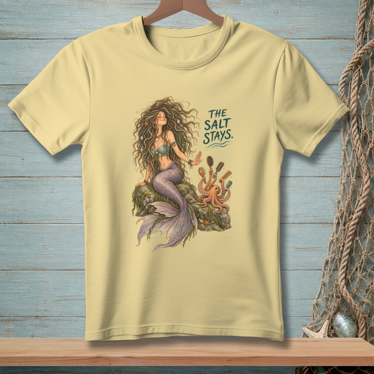 Pale yellow t-shirt with a mermaid, octopus, and the text "The Salt Stays."