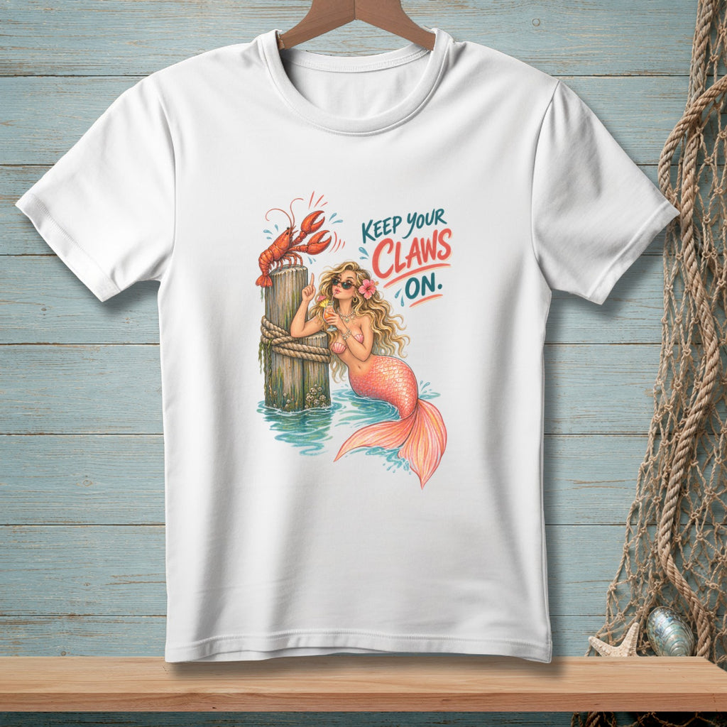 Mermaid with a lobster on a post, text "Keep Your Claws On."