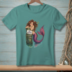 Mermaid leaning on post with "No Vacancy" sign, purple tail, on water.