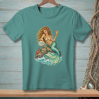 Mermaid with drink and crab sits on rock with "ATTITUDE" sign.