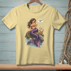Mermaid with purple tail holding a drink, next to a crab reading "Be the bigger person."