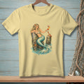 Illustration of a blonde mermaid holding a cocktail with a crab on a weathered dock.