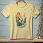 Illustration of a blonde mermaid holding a cocktail with a crab on a weathered dock.