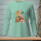 Mermaid with crab and text "Mine's Bigger" on a light green shirt.