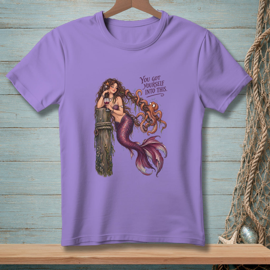 Purple t-shirt with a mermaid and octopus graphic and text "You got yourself into this."