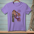 Purple t-shirt with a mermaid and octopus graphic and text "You got yourself into this."