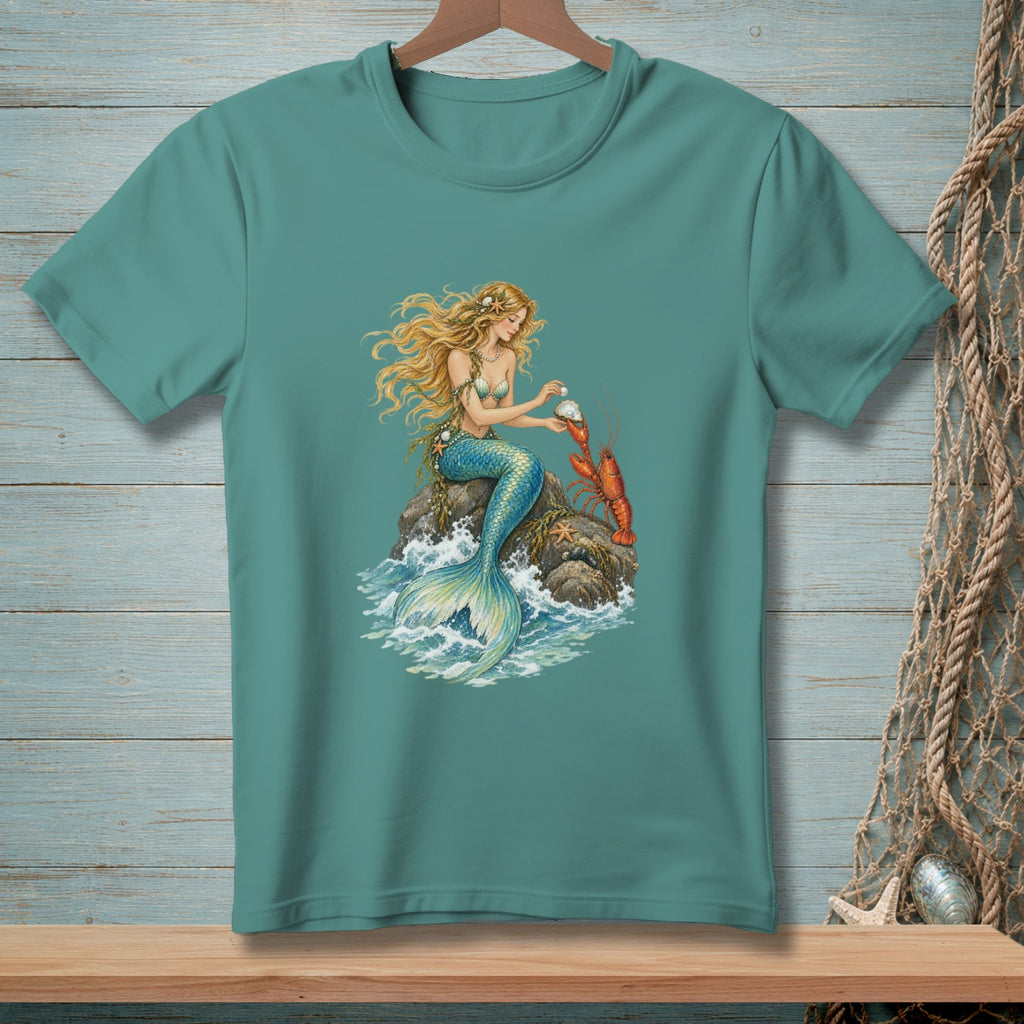 Mermaid on a rock with a lobster and a pearl.