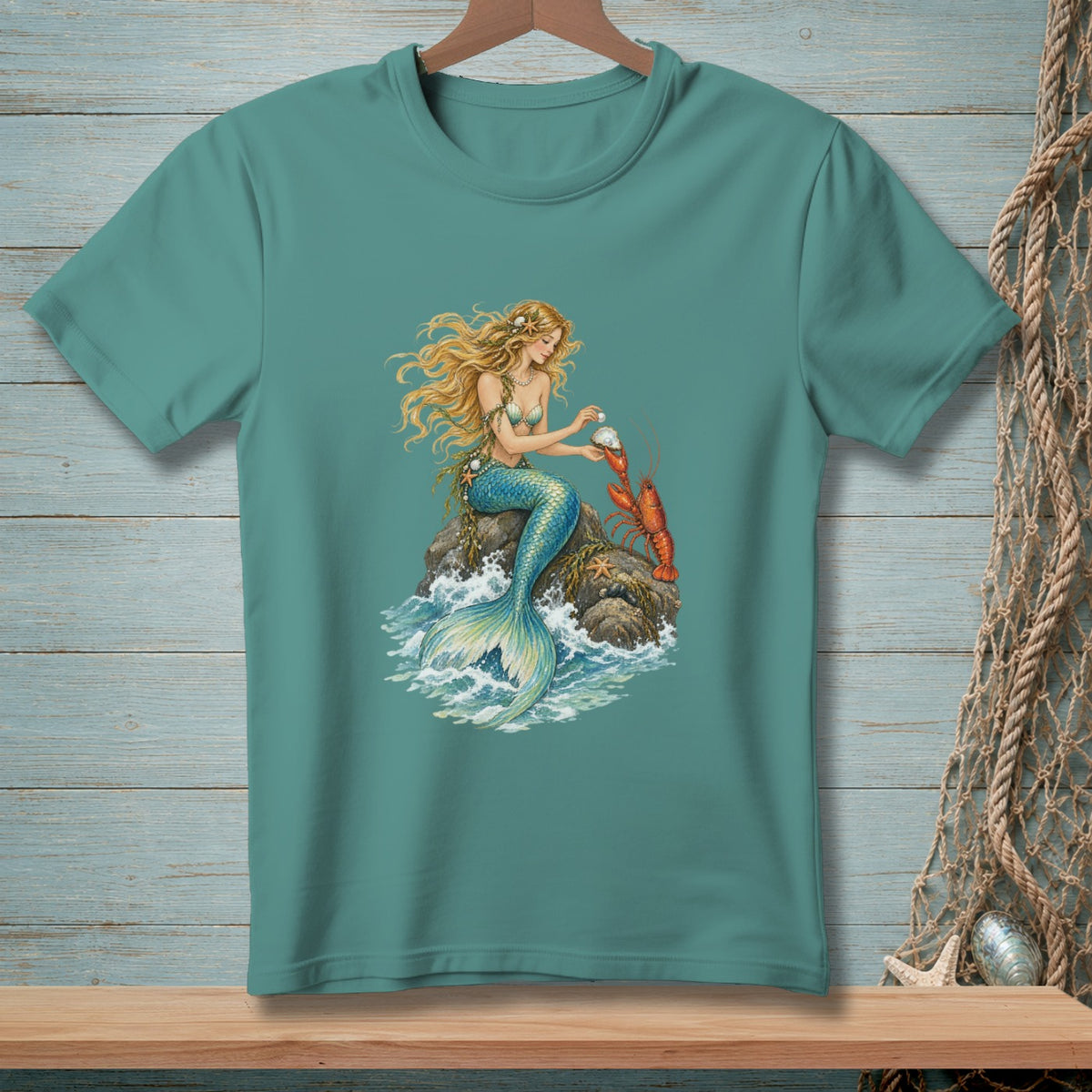 Mermaid on a rock with a lobster and a pearl.